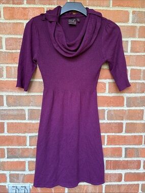 EUC Sz M take out Plum Cowl Neck Ribbed Knit Sweater Dress
